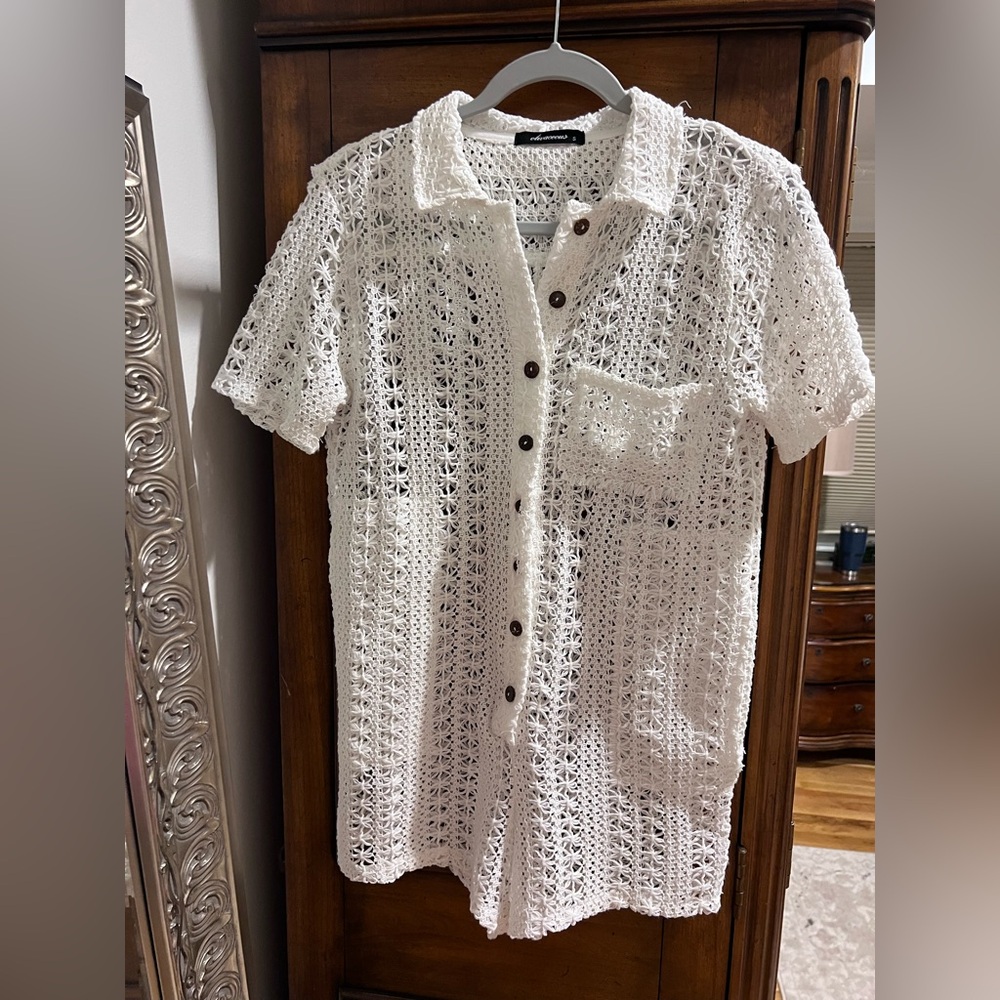 Women’s White Crochet Button-Front Swim Cover-Up